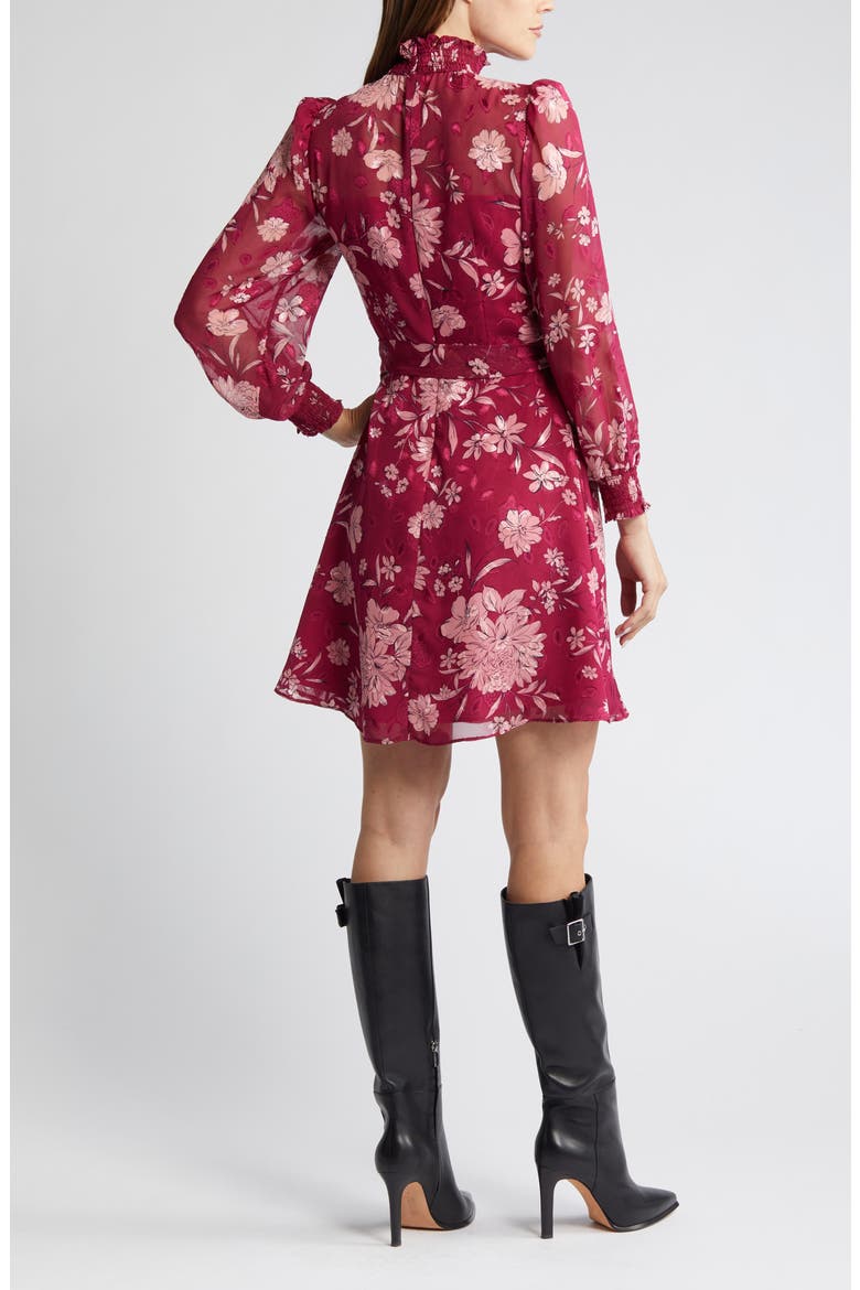 Floral Long Sleeve Mock Neck Dress, Alternate, color, BERRY
