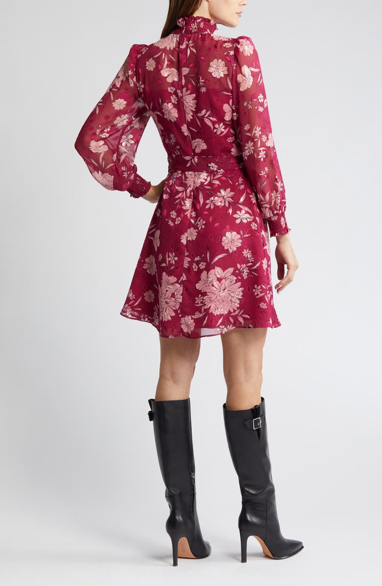 Eliza J Floral Long Sleeve Mock Neck Dress, Alternate, color, Berry
