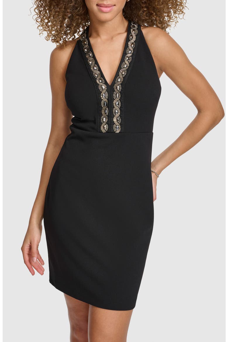 Breaded Crepe Scuba Knit Cocktail Dress, Main, color, BLACK