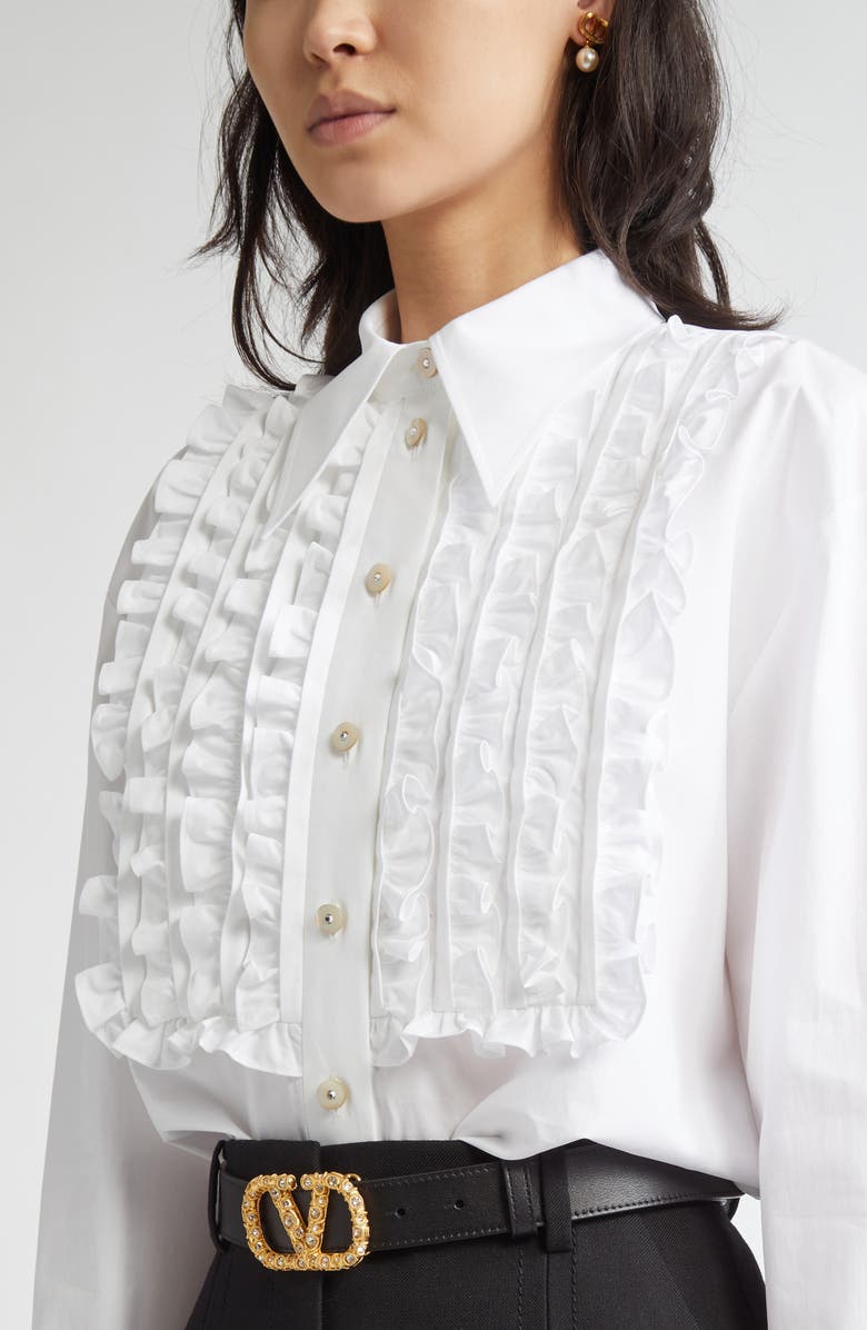 Valentino Garavani Ruffle Bib Cotton Poplin Button-Up Shirt, Alternate, color, 