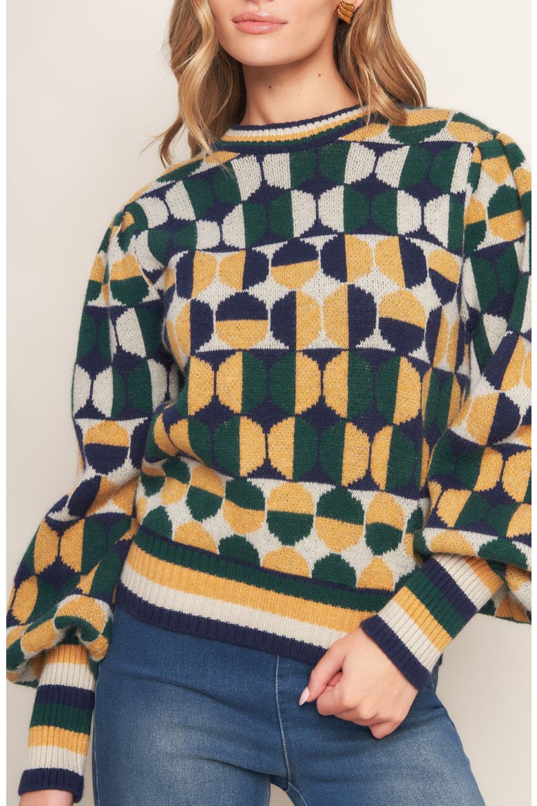 Geometric Balloon Sleeve Sweater, Alternate, color, GREEN/ NAVY