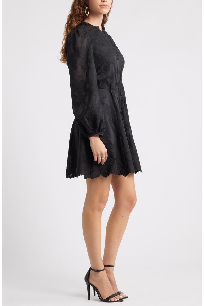 Ruffle Collar Embroidered Long Sleeve Dress, Alternate, color, BLACK