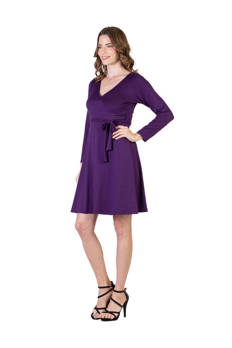 Chic V-Neck Long Sleeve Belted Dress, Alternate, color, Purple