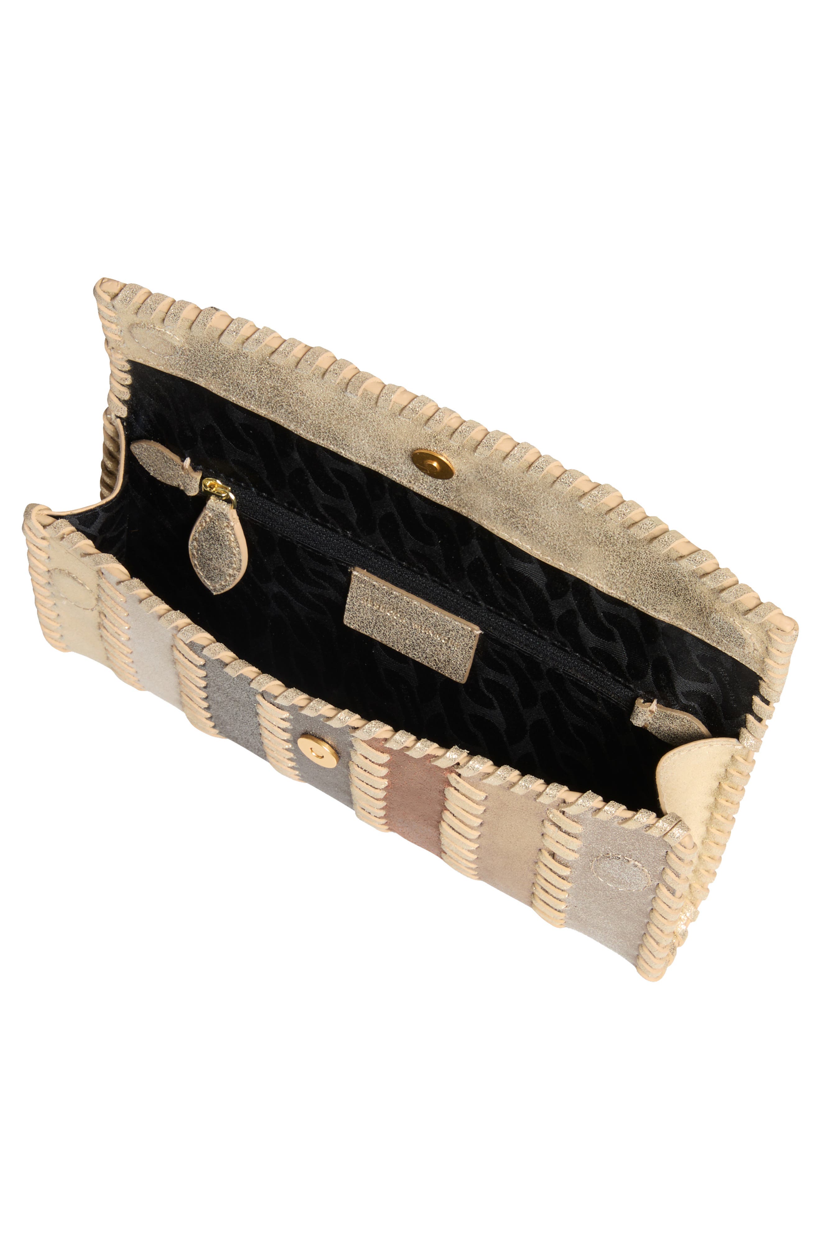 Whipstitch Patchwork Leather Clutch, Alternate, color, GOLD/ SILVER/ PLATINO