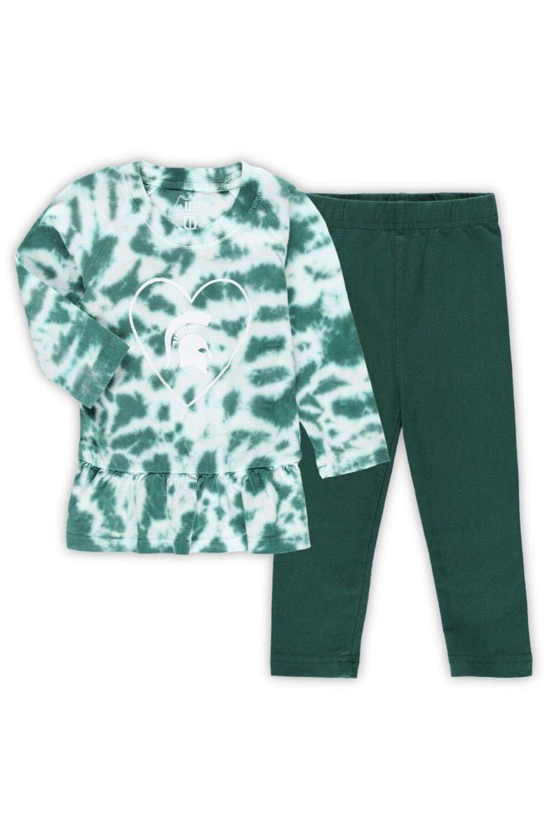 Wes & Willy Girls Infant Wes & Willy Green Michigan State Spartans Tie-Dye Ruffle Raglan Long Sleeve T-Shirt & Leggings Set, Main, color, Green