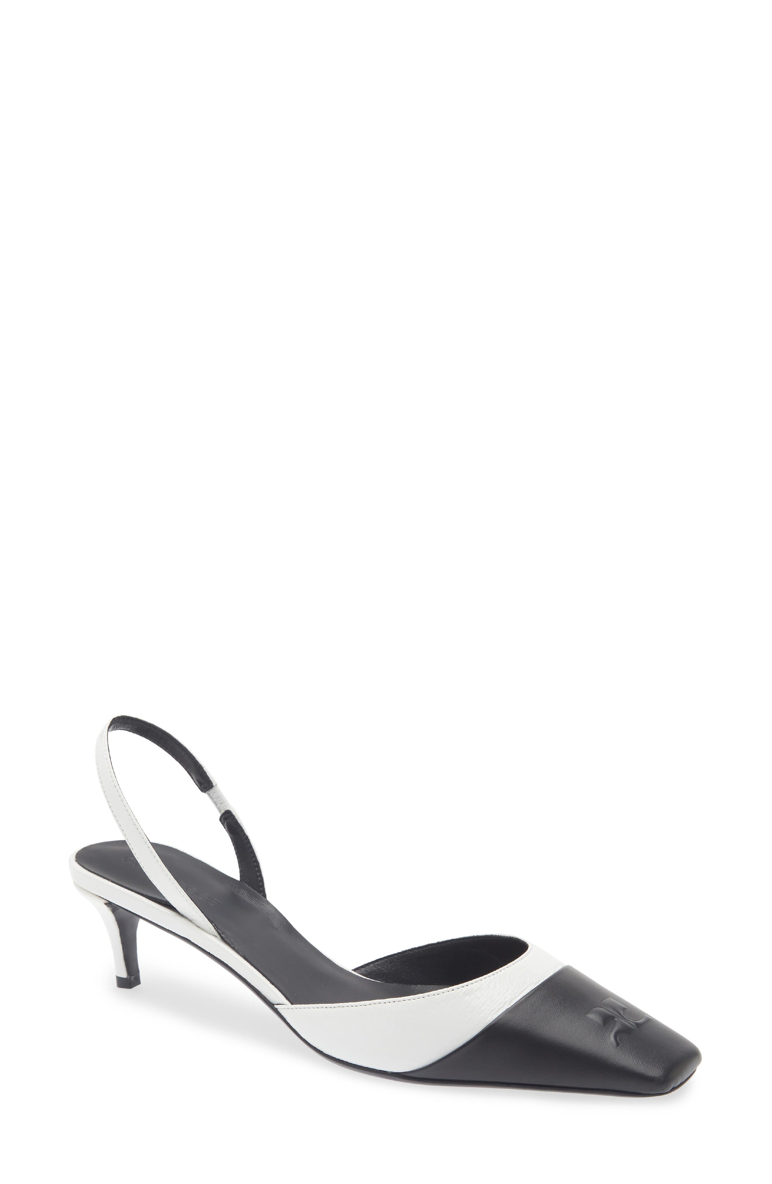 Two-Tone Kitten Heel Embossed Toe Slingback Pump, Main, color, WHITE/ BLACK