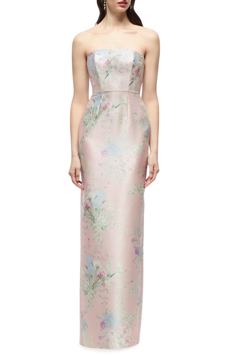 Alfred Sung Jacqueline Floral Strapless Satin Twill Column Gown, Main, color, Esme Floral