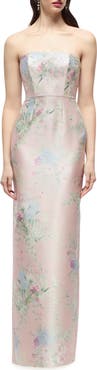 Alfred Sung Jacqueline Floral Strapless Satin Twill Column Gown