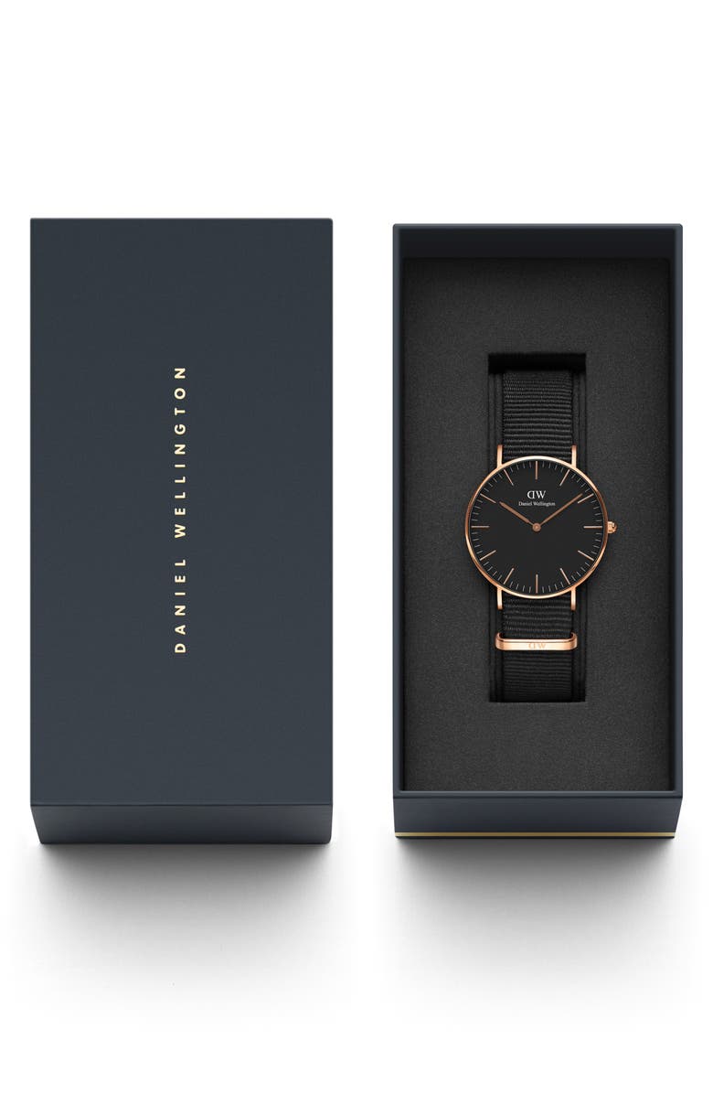 Daniel Wellington Classic Cornwall NATO Strap Watch, 36mm, Alternate, color, Rose Gold/ Black