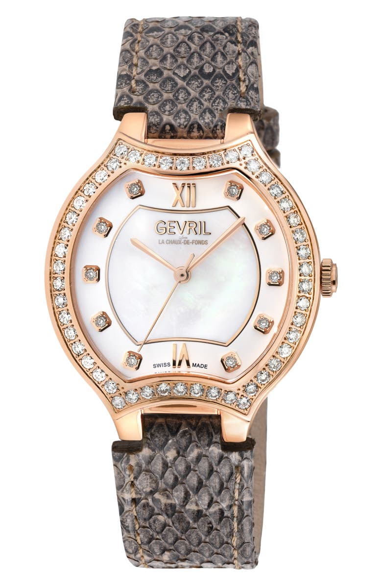 GEVRIL Lugano Diamond Croc Embossed Leather Strap Watch, 35mm, Main, color, 