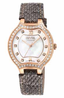 GEVRIL Lugano Diamond Croc Embossed Leather Strap Watch, 35mm