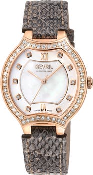 GEVRIL Lugano Diamond Croc Embossed Leather Strap Watch, 35mm