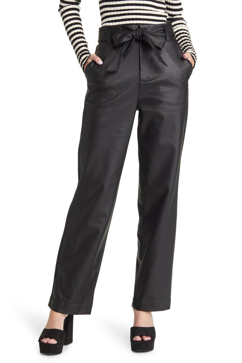 Women's Tie Belt Faux Leather Pants, Main, color, BLACK