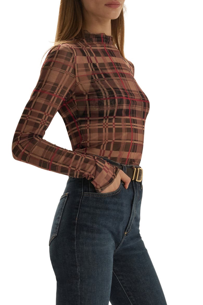 The Sheer Fantasy Mock Neck Top, Alternate, color, BROWN PLAID
