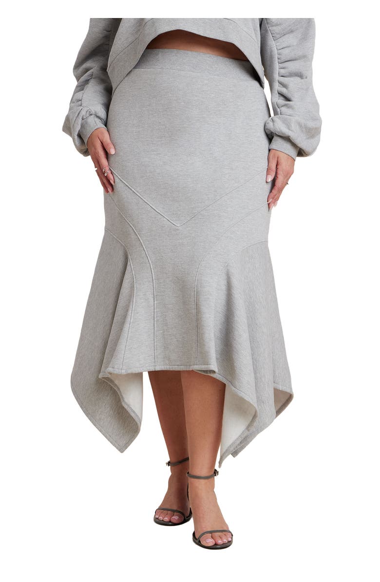 ELOQUII Seam Detail Trumpet French Terry Skirt, Main, color, Heather Grey