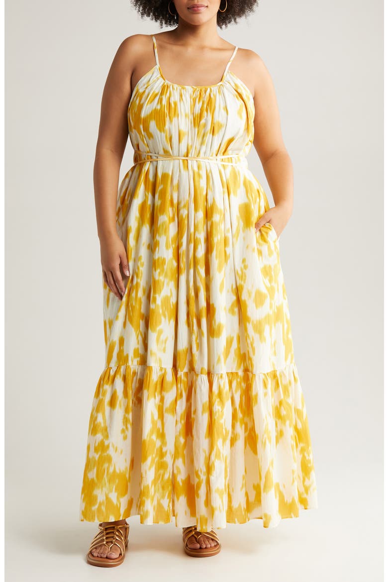 Tie Back Tiered Maxi Dress, Main, color, IVORY DOVE- YELLOW LOTUS BLUR