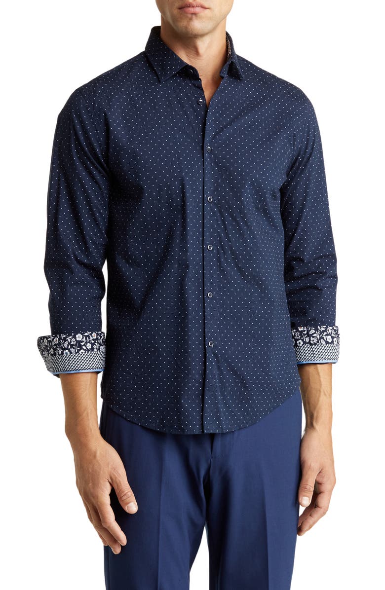 DENIM AND FLOWER Polka Dot Long Sleeve Button-Up Shirt, Main, color, Navy