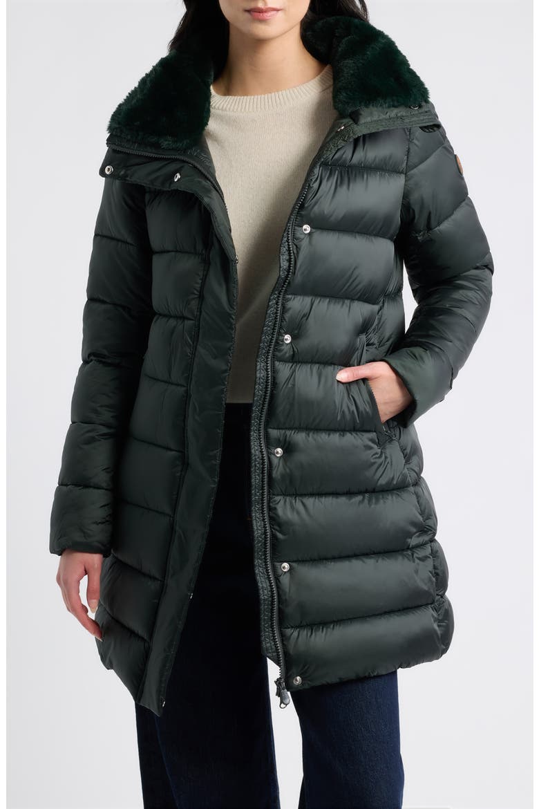 Dalea Faux Fur Collar Longline Puffer Jacket, Main, color, GREEN BLACK