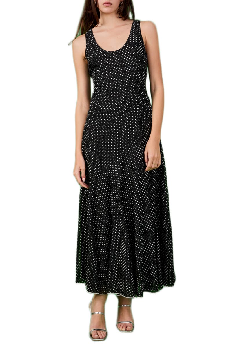 Endless Rose Dot Sleeveless Godet Maxi Dress, Main, color, Black/ White