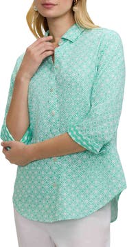 Foxcroft Margie Geo Lattice Three-Quarter Sleeve Button-Up Shirt
