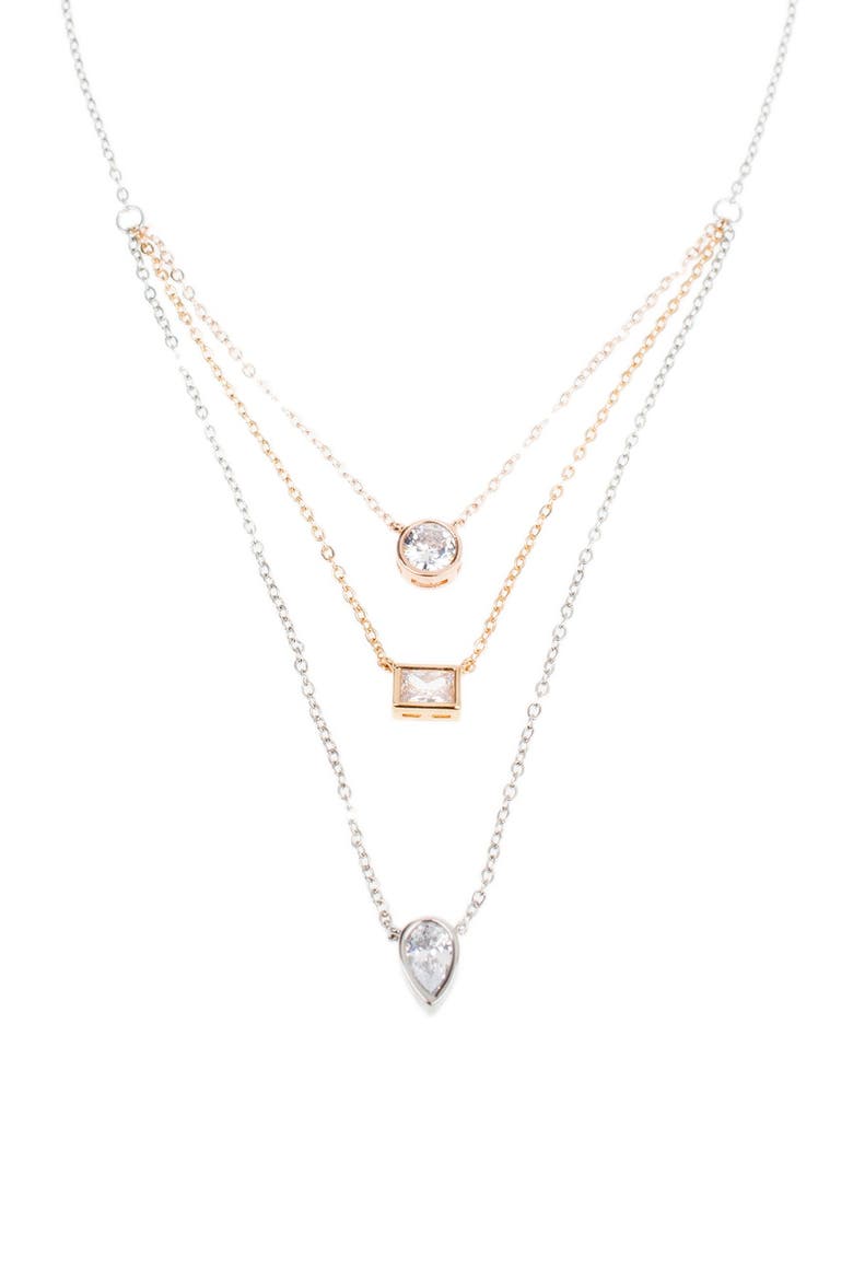 Mixed CZ Triple Tier Layered Necklace, Main, color, CLEAR/ SILVER/GOLD/ROSE GOLD