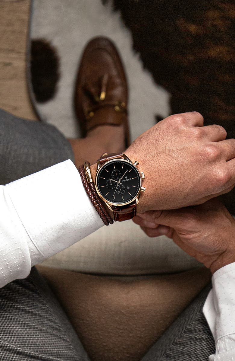 Vincero The Chrono S2 Chronograph Leather Strap Watch, 43mm, Alternate, color, Rose Gold