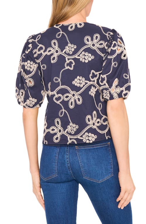 Cece Embroidered Puff Sleeve Cotton Top In Blue