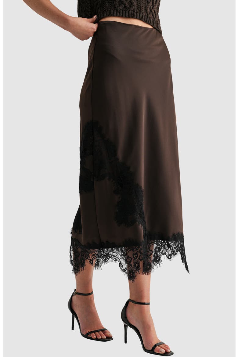 Lace Detailed Satin Midi Skirt, Alternate, color, DARK BROWN BLACK