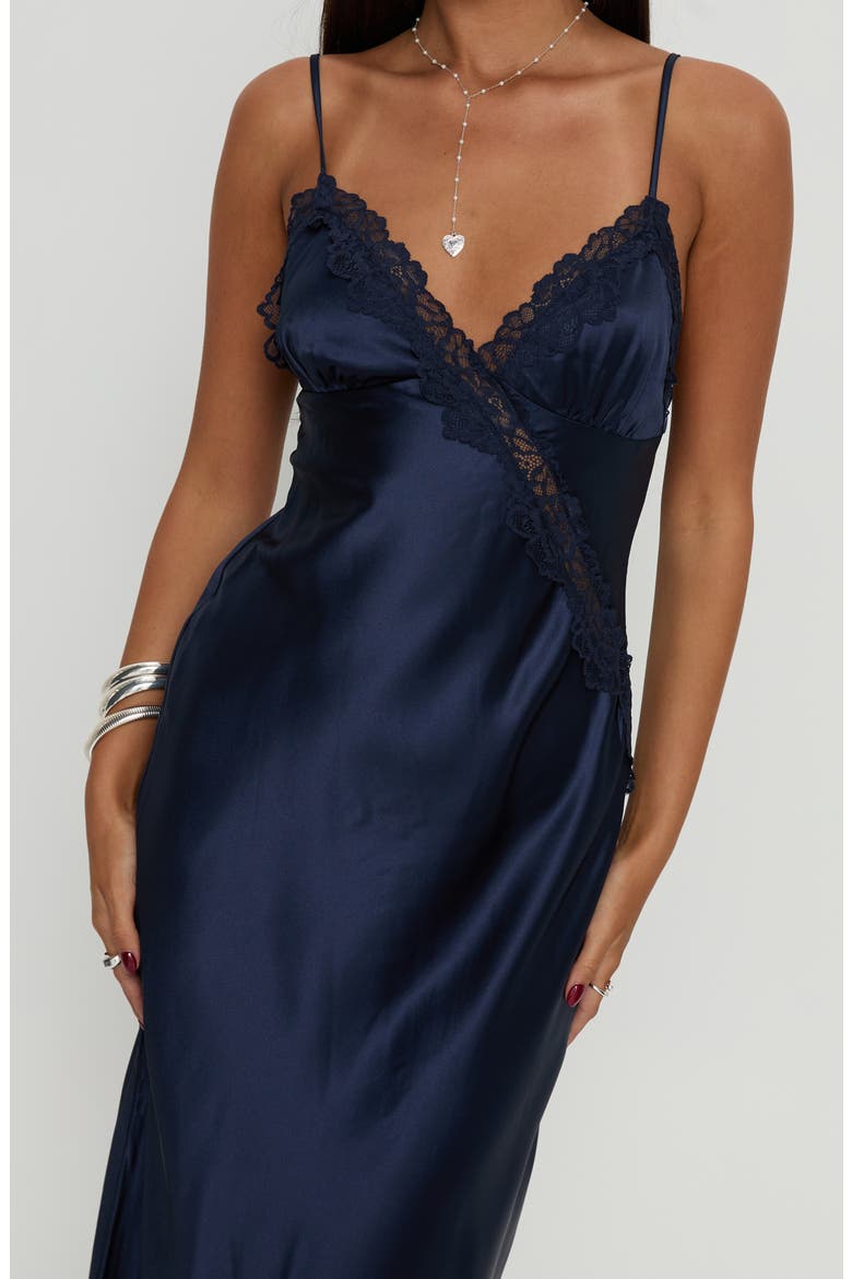 Madelene Lace Trim Satin Gown, Alternate, color, NAVY