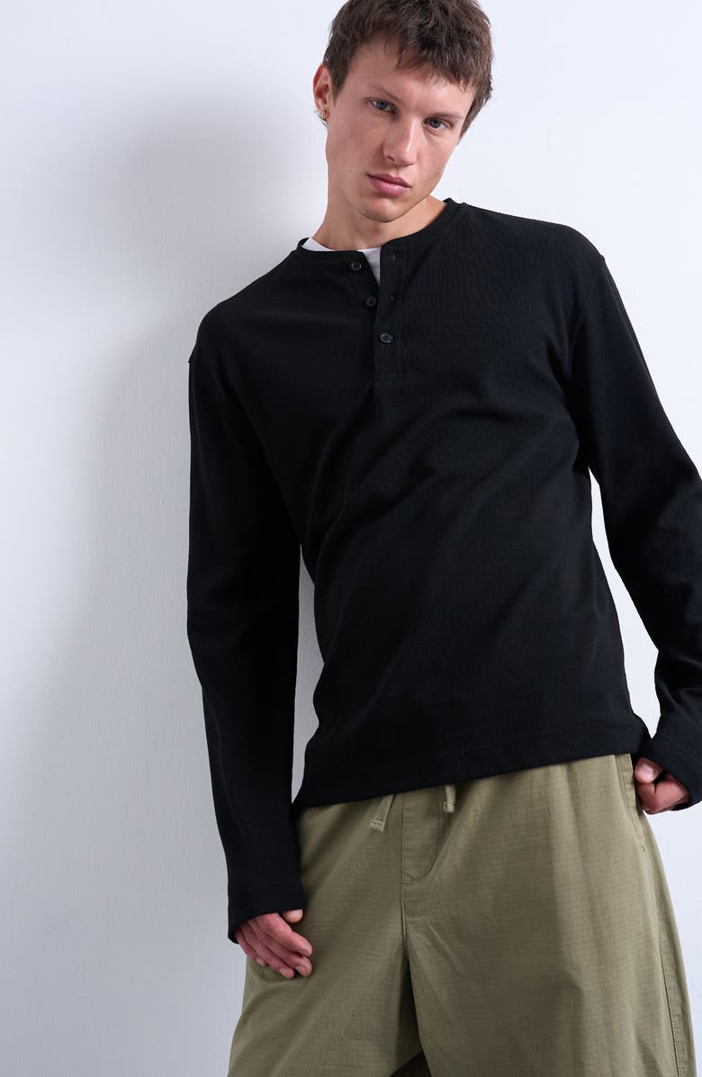 Topman Long Sleeve Waffle Henley, Main, color, Black