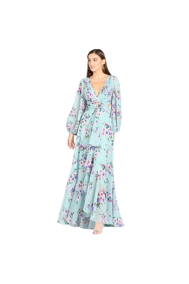Long Sleeve V-Neck, Layered Skirt Print Dress, Main, color, Mint