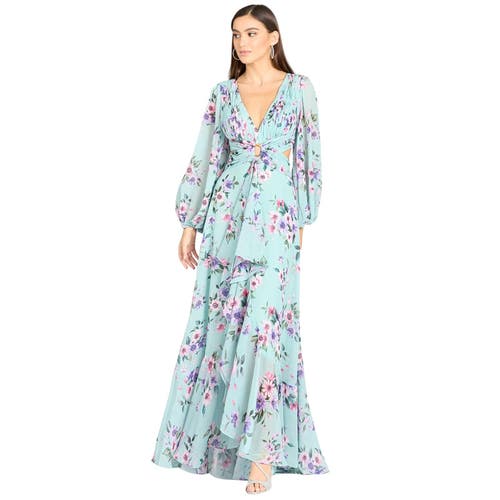 Lara New York Long Sleeve V-neck, Layered Skirt Print Dress In Blue