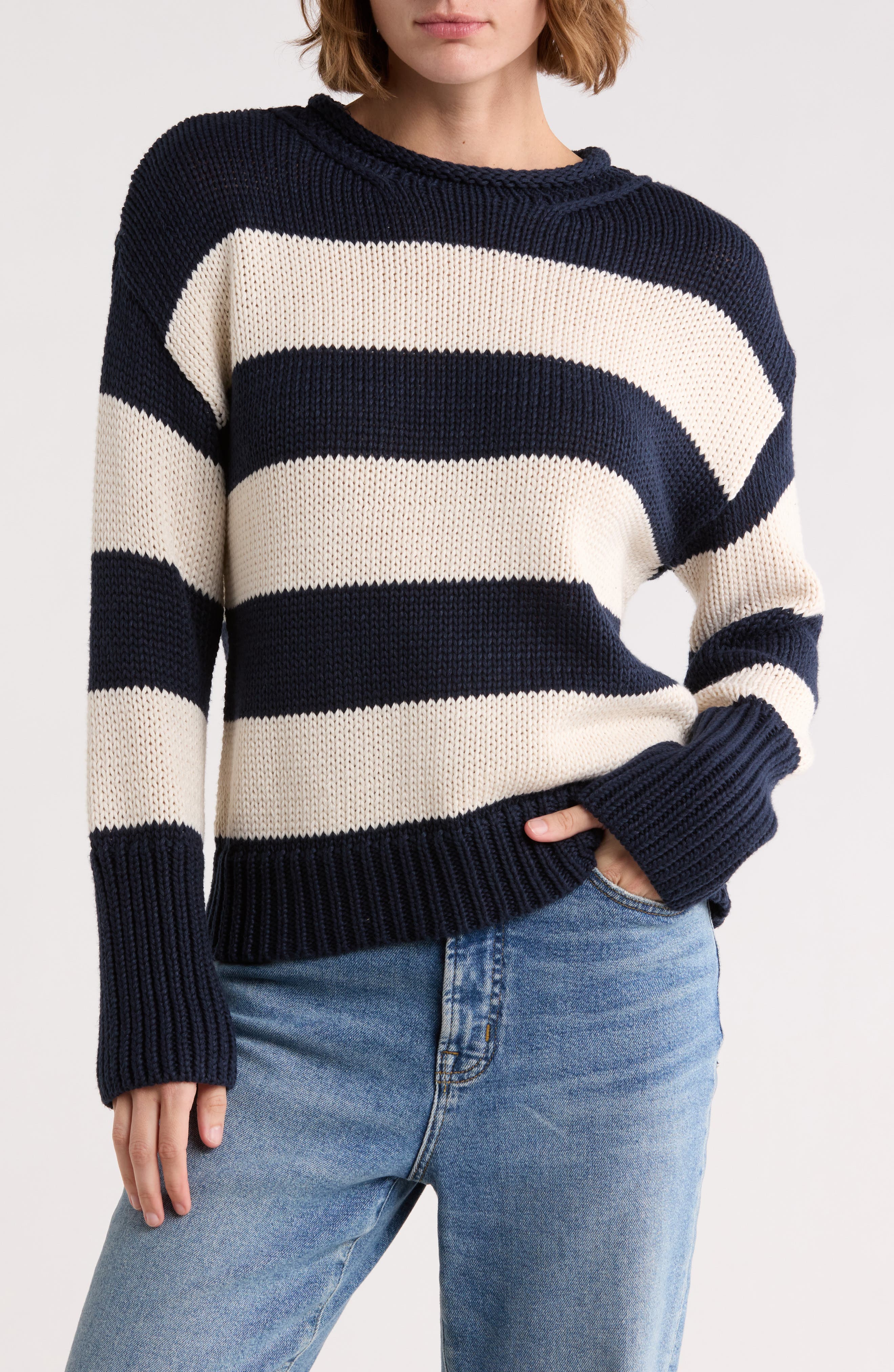 ELIE ELIE TAHARI Stripe Roll Neck Cotton Sweater