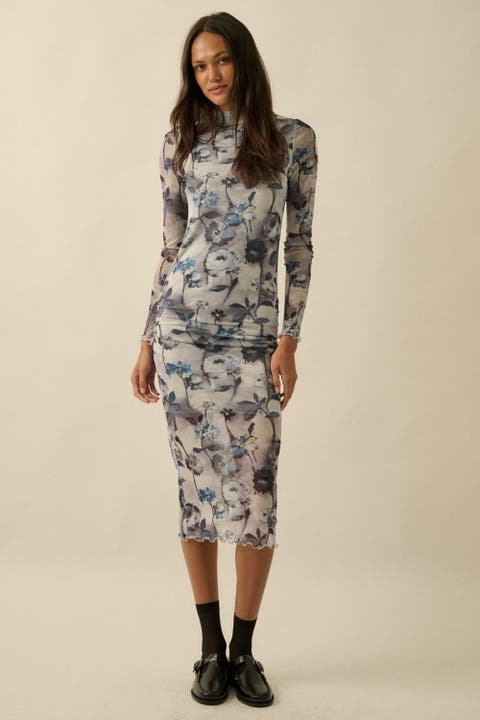 Floral Mesh Long Sleeve Midi Dress