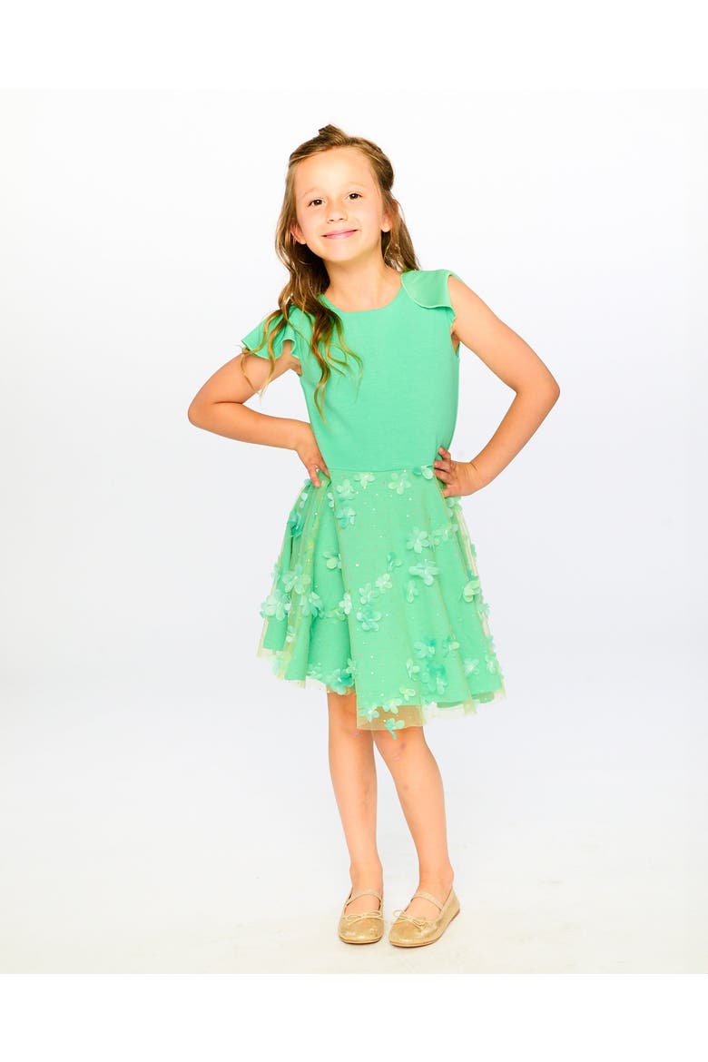Bi-Material Short Flutter Sleeves Mesh Dress, Alternate, color, Bright Mint Green