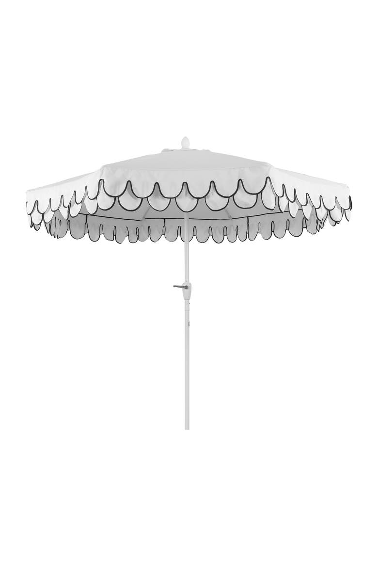 JONATHAN Y Tracy 9 ft. Classic MidCentury Scalloped Fringe Market Patio Umbrella with Auto-Tilt, Crank, Wind Vent and UV Protection, Alternate, color, White
