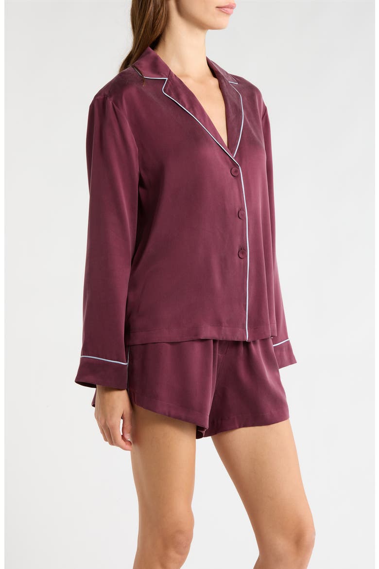 Piped Washable Silk Button-Up Short Pajamas, Alternate, color, VINTAGE MERLOT/FROSTED LAGOON