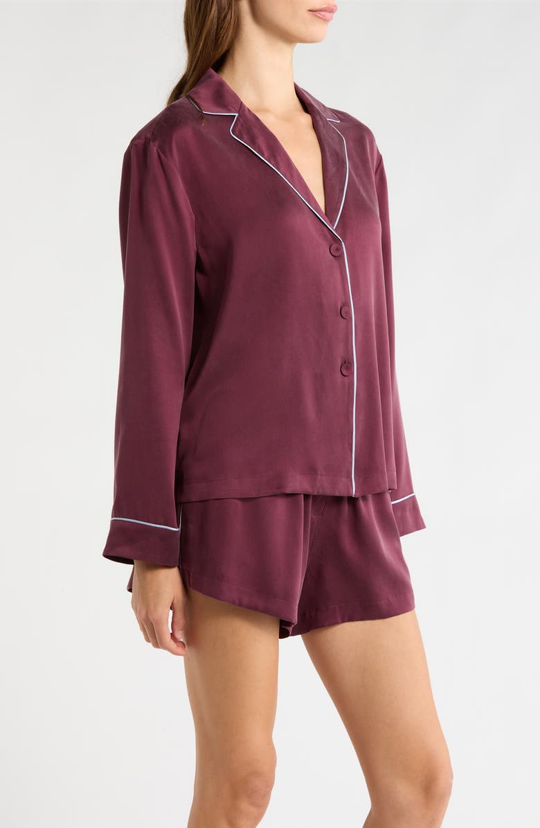 Lunya Piped Washable Silk Button-Up Short Pajamas, Alternate, color, Vintage Merlot