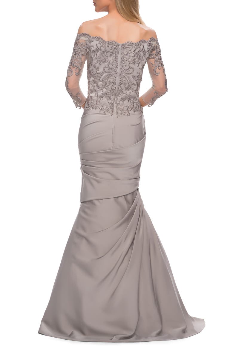 La Femme Satin Mermaid Gown with Off the Shoulder Lace Bodice, Alternate, color, Silver