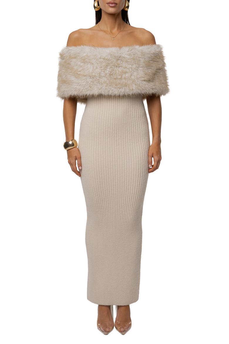 Hour Faux Fur Detail Off-the-Shoulder Rib Knit Dress, Main, color, BEIGE