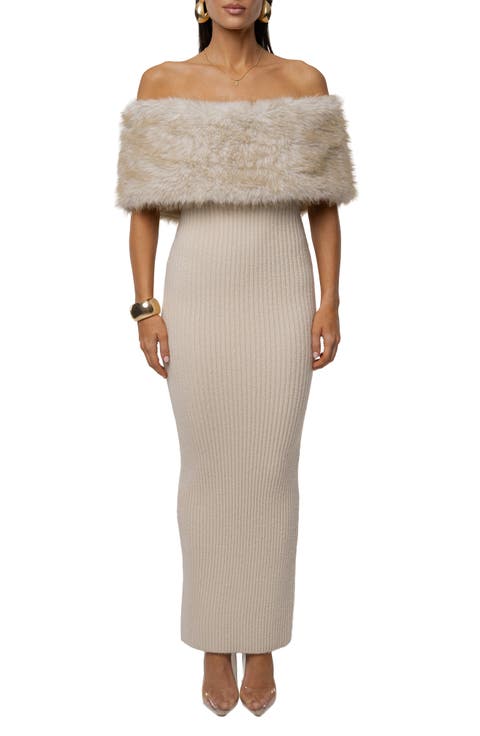 Aspen Hour Faux Fur Detail Off-the-Shoulder Rib Knit Dress