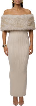 JLUXLABEL Hour Faux Fur Detail Off-the-Shoulder Rib Knit Dress