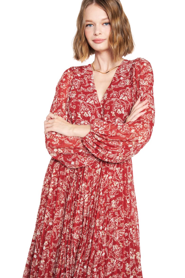 Paisley Long Sleeve Pleated Dress, Alternate, color, RUST