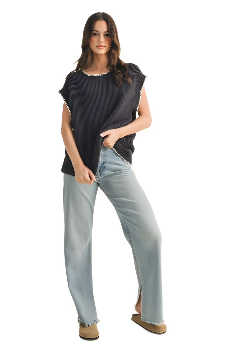 Knit and Lounge Ribbed Cap Sleeve Top with Contrast Whipstitch Trim, Alternate, color, 
