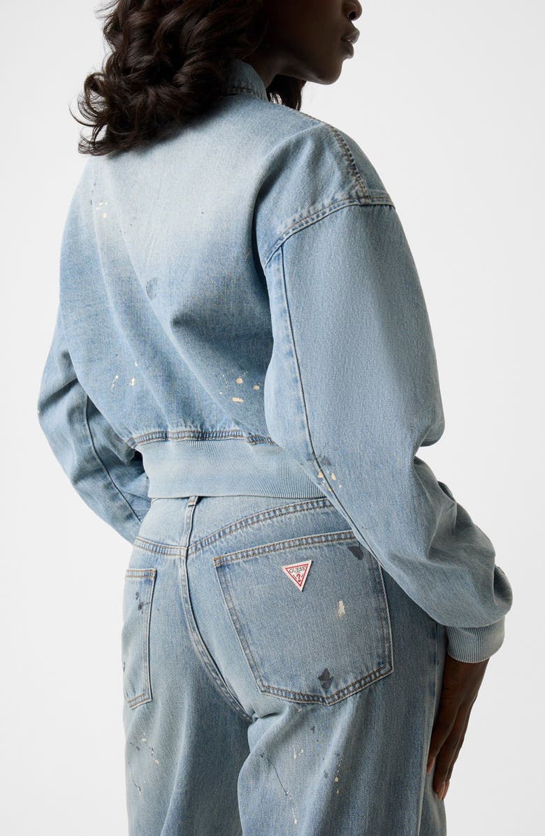 GUESS Anna Distressed Crop Denim Bomber Jacket, Alternate, color, Denim
