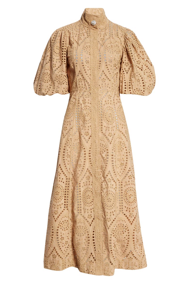 Puff Sleeve Broderie Anglaise Cotton Midi Dress, Alternate, color, TANNIN 185
