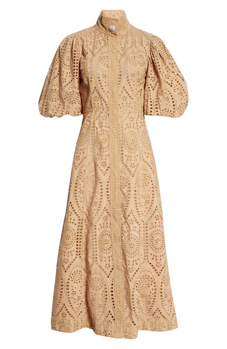 Ganni Puff Sleeve Broderie Anglaise Cotton Midi Dress, Alternate, color,