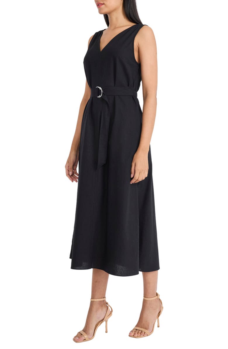Maggy London Belted V-Neck Midi Dress, Alternate, color, Black
