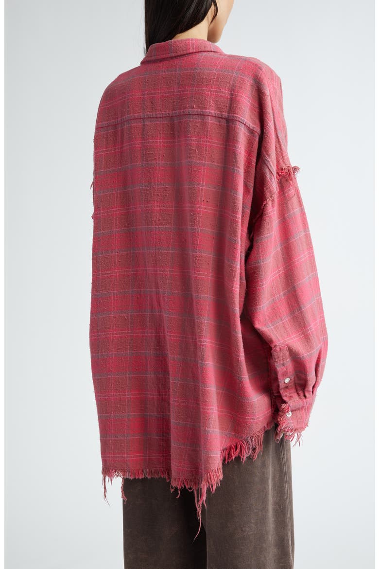 Shredded Seam Oversize Plaid Cotton Flannel Button-Up Shirt, Alternate, color, RASPBERRY OVERDYED PLAID