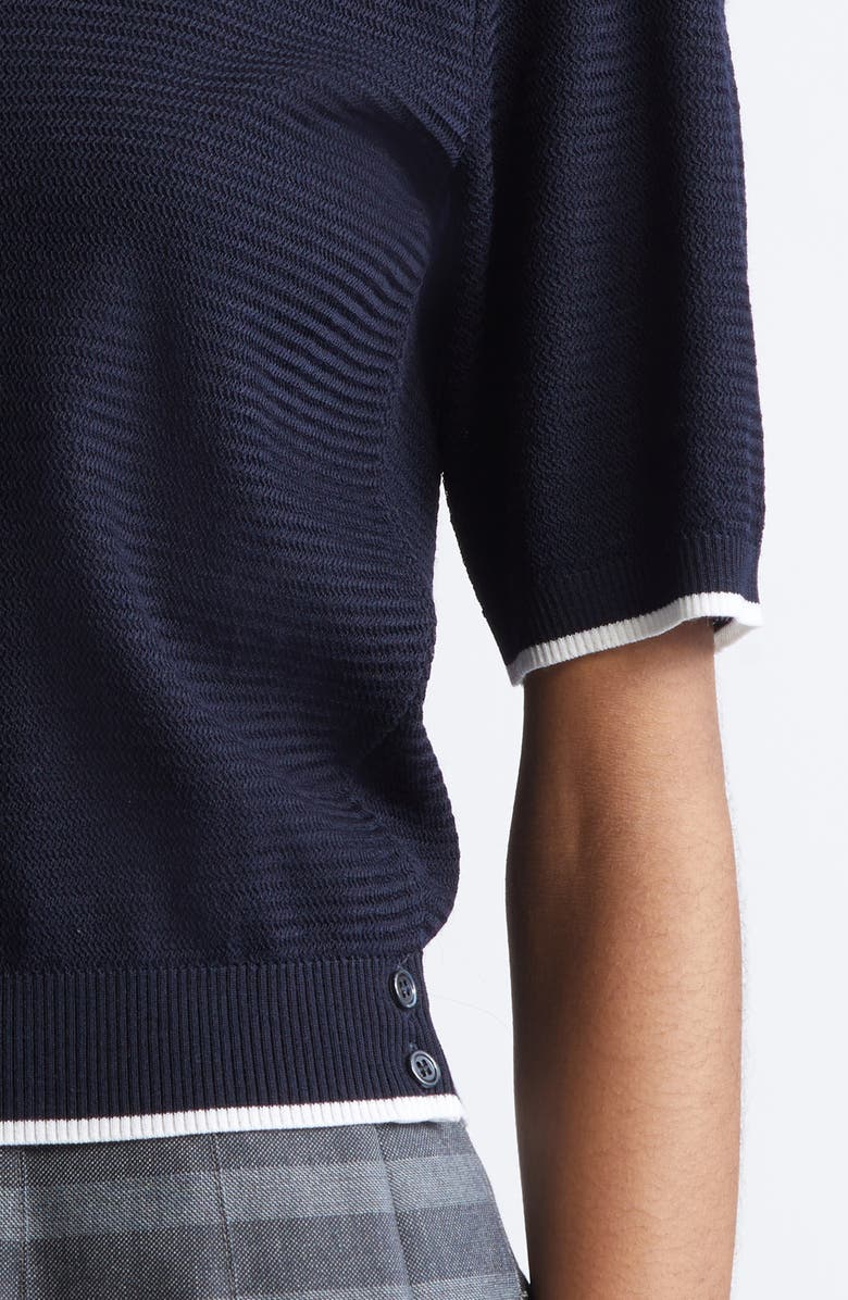 Thom Browne Tipped Textured Stitch Short Sleeve Virgin Wool Top, Alternate, color, Navy